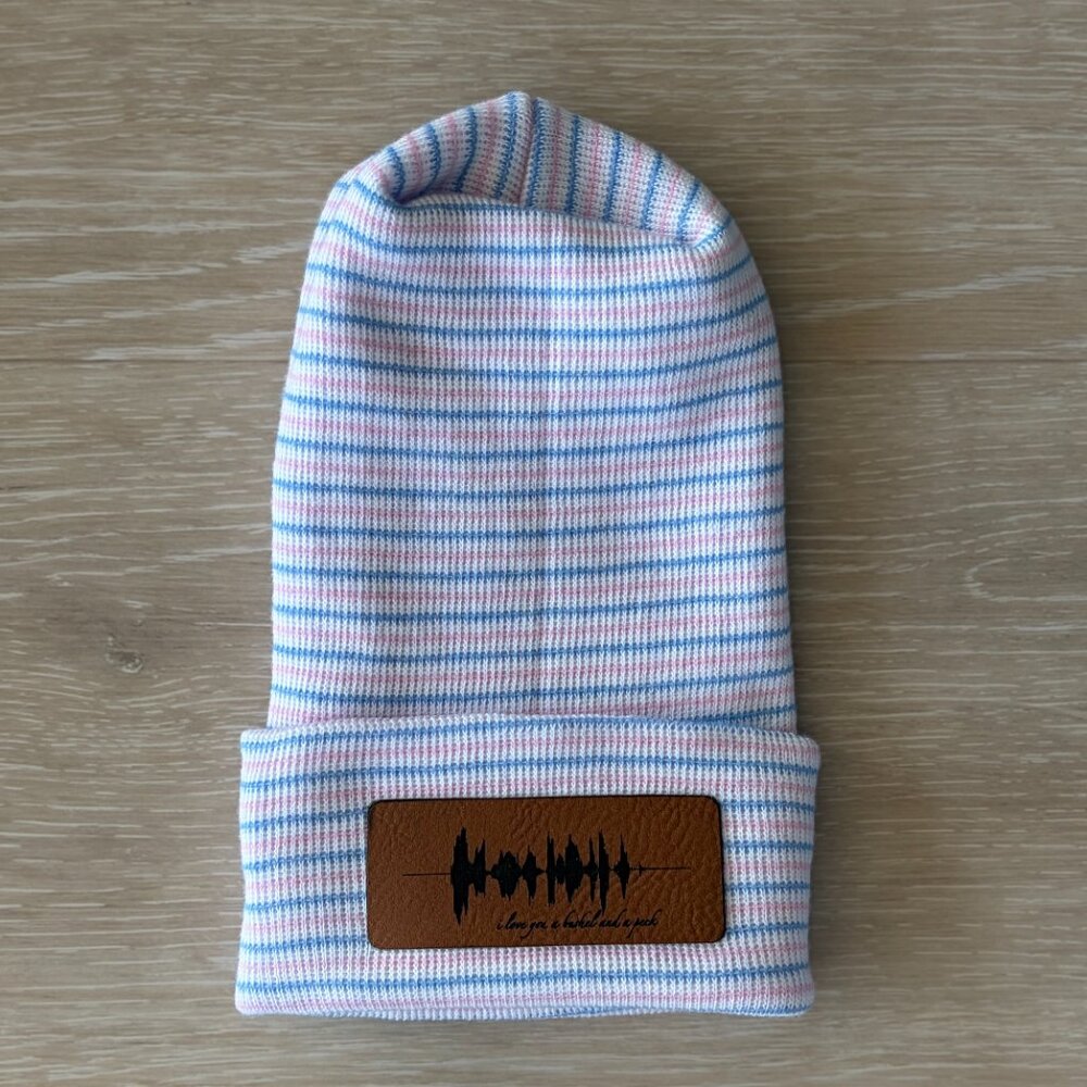 NEW I Love You A Bushel Cotton Baby Beanie Newborn Blue Pink Stripe Minimalist